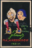 Öreg és fiatal Schrank málnaszörpöt iszik reklámterv, 17×11 cm