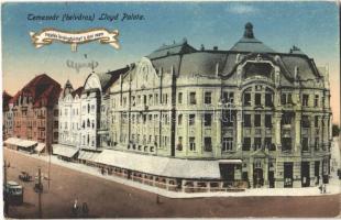 Temesvár, Timisoara; Belváros, Lloyd palota, villamos. "Legjobb kivánataimat e mai napra" / palace, shops, tram