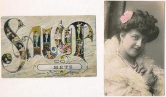 12 db régi motívumlap: hölgyek, romantikus lapok / 12 pre-1945 motive cards: ladies, romantic cards
