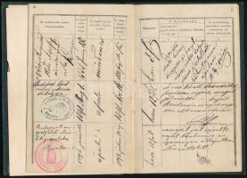 1887 Munkakönyv mészáros/pincér számára, Vas megyei pecséttel, 15 Kr okmánybélyeggel