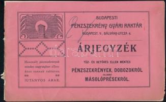 cca 1910 Bp. V., Budapesti Pénzszekrény Gyári Raktár árjegyzéke, borító leszakadt, hátlap hiányzik, 31p