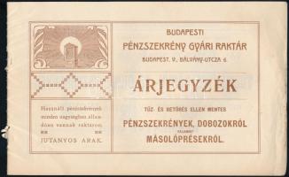 cca 1910 Bp. V., Budapesti Pénzszekrény Gyári Raktár árjegyzéke, borító leszakadt, hátlap hiányzik, ...