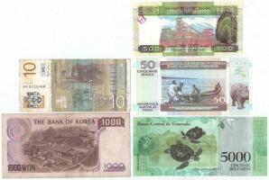 Vegyes 5db-os papírpénz tétel, közte Dél-koreai, szerb, venezuelai, burundi és guineai bankjegyek T:...