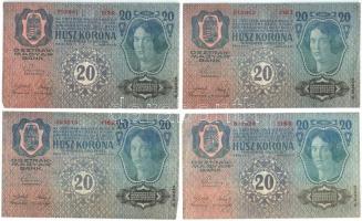 1913. 20K II. kiadás (4x) mind piros "Deutschösterreich" felülbélyegzéssel T:III szép papí...