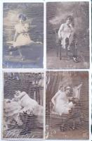 Kb. 60 db RÉGI motívum képeslap vegyes minőségben 4 db képeslapalbumban: hölgyek és erotikus / Cca. 60 pre-1945 motive postcards in mixed quality in 4 postcard albums: lady and erotic