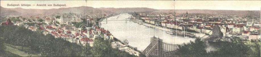 Budapest I. 3-részes kihajtható panorámalap, rajta Lánchíd, Tabán, Királyi vár, építés alatt álló Döbrentei tér és Erzsébet híd / 3-tiled folding panoramacard