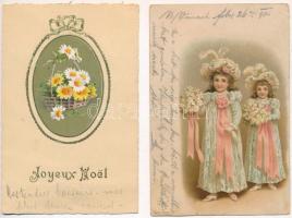 9 db RÉGI dombornyomott litho üdvözlő motívum képeslap, vegyes minőség / 9 pre-1945 Embossed litho g...