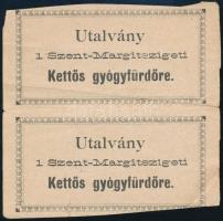 cca 1900-1910 2 db utalvány a Szent-Margitszigeti kettős gyógyfürdőre, József Főherceg cs. és kir. Fensége uradalmainak közp. igazgatósága, 8x8 cm
