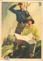 Cserkészek! Indanthren textil festék reklámlap cserkészekkel, mosás és időjárásálló viselet / Hungarian textile paint advertisement card, boy scouts, artist signed (EK)