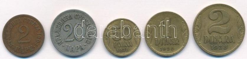 Vegyes: Szerbia 1904. 2p Br + 1912. 20p Cu-Ni + Jugoszlávia 1938. 50p Al-Br + 1D Al-Br + 2D Al-Br T:2 Mix: Serbia 1904. 2 Pare Br + 1912. 20 Para Cu-Ni + Yugoslavia 1938. 50 Para Al-Br + 1 Dinar Al-Br + 2 Dinara Al-Br C:XF