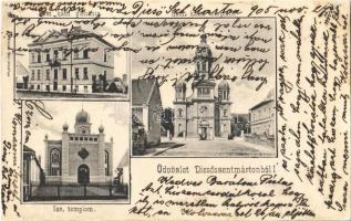 1905 Dicsőszentmárton, Tarnaveni, Diciosanmartin; Római katolikus templom és plébánia, Izraelita templom, zsinagóga. Hirsch Mór kiadása / Catholic church and parish, synagogue (r)