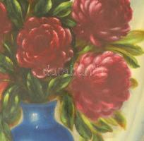 Jelzés nélkül: Bazsarózsás csendélet. Olaj, karton, üvegezett keretben, 80×60 cm