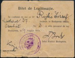 1919 Bp., Román megszállók által kiállított fényképes igazolvány