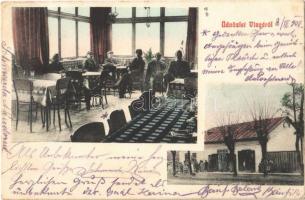 1908 Vinga, Bánfi Béla üzlete és vendéglője, étterem belső. A lapon Bánfi Béla és felesége levele / shop and restaurant of Bánfi, interior. Letter of shop owner and his wife on the postcard