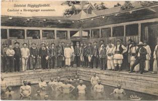 1908 Feredőgyógy, Fürdőgyógy, Algyógyfürdő, Geoagiu-Bai, Feredeu; Gyógyfürdő, uszoda, fürdőzők. Adler fényirda / spa, swimming pool, bathers (gyűrődés / crease)