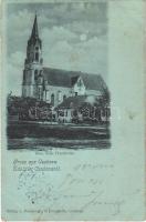 1901 Csák, Csákova, Ciacova; Röm. Kath. Pfarrkirche / Római katolikus plébániatemplom, üzlet. Mesterovits és Jovanovits kiadása / Catholic parish church, shop (felületi sérülés / surface damage)