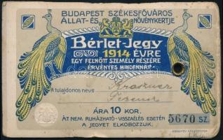 1914 Fényképes bérletjegy Budapest Székesfőváros Állat- és Növénykertjébe