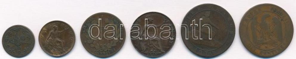 6db-os külföldi réz- és bronzpénz tétel, közte Franciaország, Nagy-Britannia, Spanyolország T:1-,2,3 6pcs of various copper and bronze coins, including France, Great Britain, Spain C:AU,XF,F