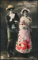 cca 1910 Dezső József (1867-1915) és Ligeti Juliska (1877-1945) színészek, színezett fotólap, 13,5×8,5 cm