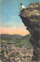 1915 Trento, Trient (Südtirol); hiker on the rock
