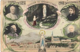 1858-1908 Lourdes, Souvenir di Cinquanteniare / Fiftieth anniversary, Art Nouveau montage, Pie IX, M. Schepfer, M. Peyramale, Bernadette Soubirous (EK)