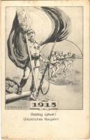 1915 Boldog Újévet! / Glückliches Neujahr / WWI Austro-Hungarian K.u.K. military, New Year greeting art postcard with soldiers. Ungarische Lichtdruck A. G. 156. s: Bortnyik S. (EK)