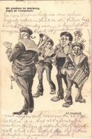 Wir gratulieren zur Beförderung / Auguri per lavanzamento / K.u.K. Kriegsmarine Matrose / Austro-Hungarian Navy mariner humour art postcard, music band. G. Fano, Pola 1912/13. 5858. s: Ed. Dworak (EK)