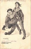 Gegenseitige Unterstützung / Un difficile viaggio / K.u.K. Kriegsmarine Matrose / Austro-Hungarian Navy mariner humour art postcard. G. Fano, Pola 1912/13. 5858. s: Ed. Dworak (fl)