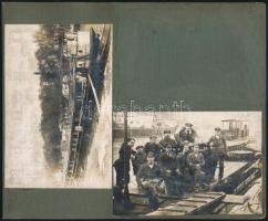 M. kir. folyamőrök és M. kir. révfőkapitányság fertőtlenítő hajó, 2 db albumlapra ragasztott fotó + hátoldalon 3 db tájfotó, 9×13 cm