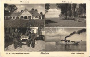 Keszthely, Halászcsárda, Helikon-strand, mulatók a halászcsárdában, gőzhajó a Balatonon