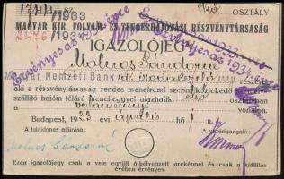 1933 Bp., Magyar Kir. Folyam- és Tengerhajózási Részvénytársaság fényképes igazolójegy