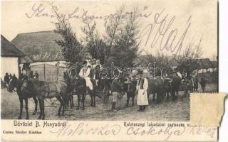 1905 Bánffyhunyad, Huedin; Kalotaszegi lakodalmi csetenyés szekér. Csoma Sándor kiadása / Transylvanian folklore, wedding cart from Tara Calatei