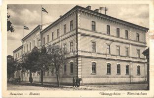 1944 Beszterce, Bistritz, Bistrita; Vármegyeháza, magyar zászló, automobil. Csallner Károly kiadása / Komitatshaus / county hall, Hungarian flag, automobile (EK)