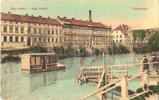 1909 Temesvár, Timisoara; Béga részlet, úszó hajóház. Divald Károly / riverside, floating boat house