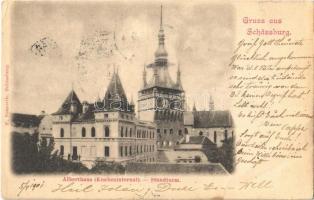 1901 Segesvár, Schässburg, Sighisoara; Alberthaus (Knabeninternat), Stundthurm / Albert ház (bentlakásos fiúiskola), óratorony. F. Petrovits kiadása / boys boarding school, clocktower (EB)