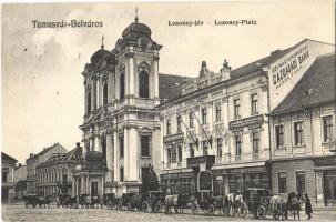 1912 Temesvár, Timisoara; Losonczy tér, Délmagyarország Gazdasági Bank részv. társ., lovashintók, Gazdaudvar, Délvidéki Földművelők Gazdasági Egyesülete, templom / square, chariots, church, Southern-Hungarian Agricultural farmers' association