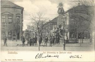 1904 Szabadka, Subotica; Szentháromság szobor, Battyhány utca, Grünbaum Mór üzlete. Vig. Zsigm. Sándor kiadása / Holy Trinity statue, street view, shops (EK)