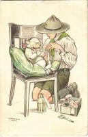 1926 A cserkész, ahol tud, segít... Kiadja a Magyar Cserkészszövetség Nagytábortanácsa 1926. / Hungarian boy scout art postcard, injured dog s: Márton L. (EK)