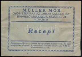 Müller Mór Gyógyszertára az "Arany Csillaghoz" Hódmezővásárhely receptboríték