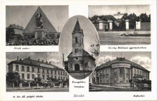 1939 Bicske, Hősök szobra, Evangélikus templom, Kultúrház, M. kir. áll. polgári iskola, Horthy Miklósné gyermekotthon, Községi Központi vendéglő és étterem