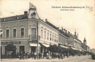 1906 Hódmezővásárhely, Andrássy utca, Vendéglő a Kék Csillaghoz, étterem, Anhalzer G. és Társa üzlete. Grossmann Benedek kiadása