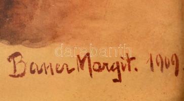 Bauer Margit (?-?): Barackos csendélet. Akvarell, papír,  jelzett, antik kopott üvegezett keretben 2...