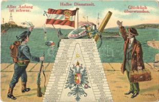 K.u.K. Kriegsmarine SMS Viribus Unitis. Aller Anfang ist schwer. Halbe Dienstzeit. Glücklich überwunden / Austro-Hungarian Navy calendar with mariner. C. Fano Pola 1913/14. No. 104. s: Ed. Dworak  (fl)