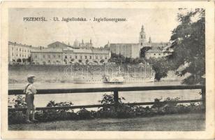 1916 Przemysl, Ul. Jagiellonska / Jagiellonergasse / street, port, steamship + NAGYSZÁNTÓ POST. ÜGYN. (EK)
