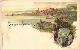 Menton, Le pont St Louis / general view, bridge. Künzli freres Nr. 495. Art Nouveau, floral, litho (fl)