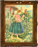 Undi Mariska (1877-1959): Lány a kerítésnél. Akvarell, papír, jelzett, üvegezett hibás keretben, 37×26 cm