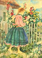 Undi Mariska (1877-1959): Lány a kerítésnél. Akvarell, papír, jelzett, üvegezett hibás keretben, 37×...