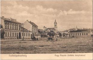 Székelyudvarhely, Odorheiu Secuiesc; Nagy Piac tér, Unitárius templom, Erzsébet szálloda / square, church, hotel