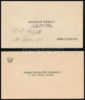1941 Nemes Szakáts Károly tábori főlelkész, a Budai Királyi Palota udvari káplánjának 2 db névjegye,...