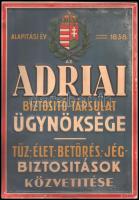 cca 1920 Adriai Biztosító Társaság festett pléhtábla, reklámtábla, Bruchsteiner és Fia, kopott, 36x25 cm